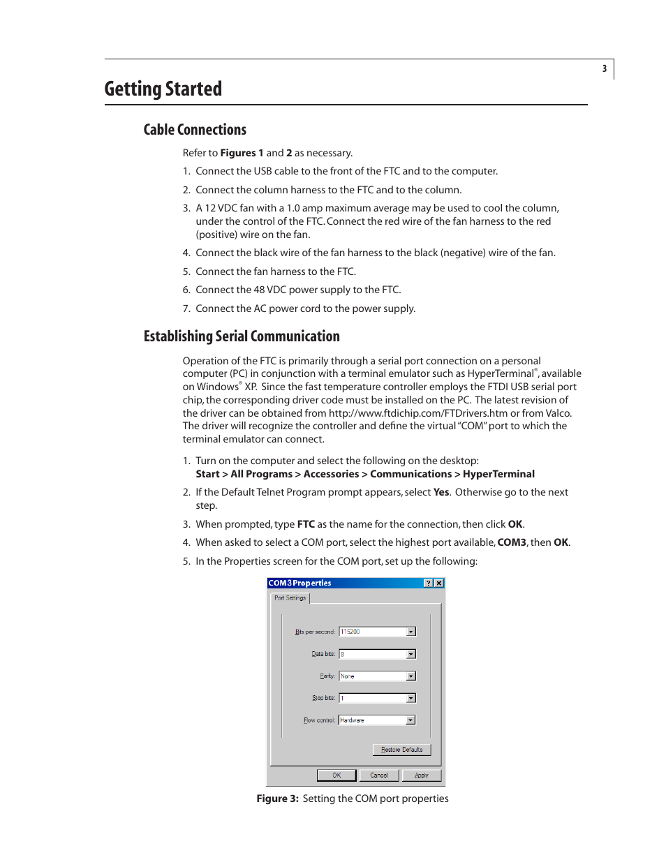 Getting started, Cable connections, Establishing serial communication | VICI FTP User Manual | Page 7 / 18