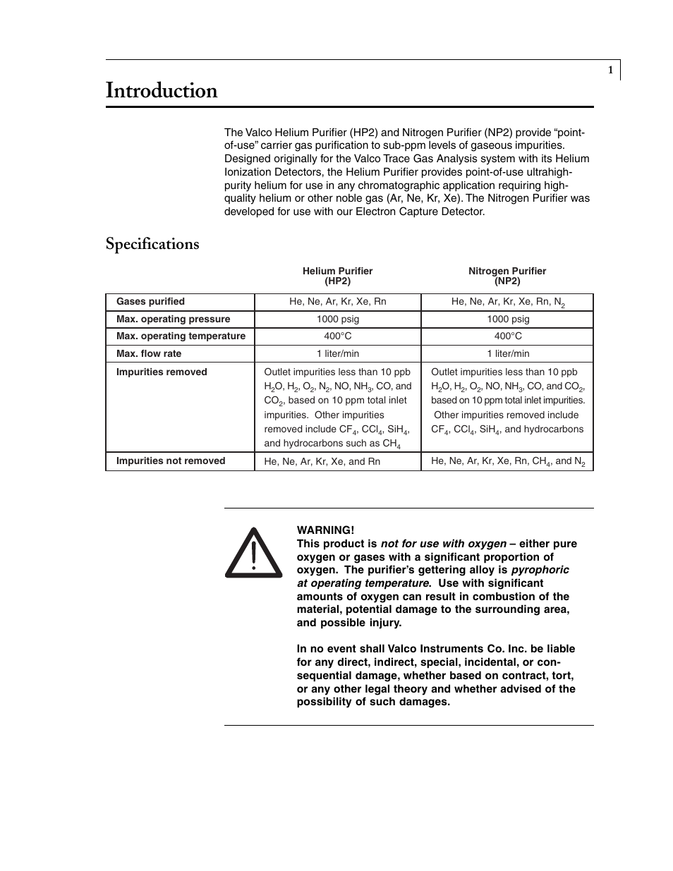 Introduction, Specifications | VICI NP2 User Manual | Page 2 / 11