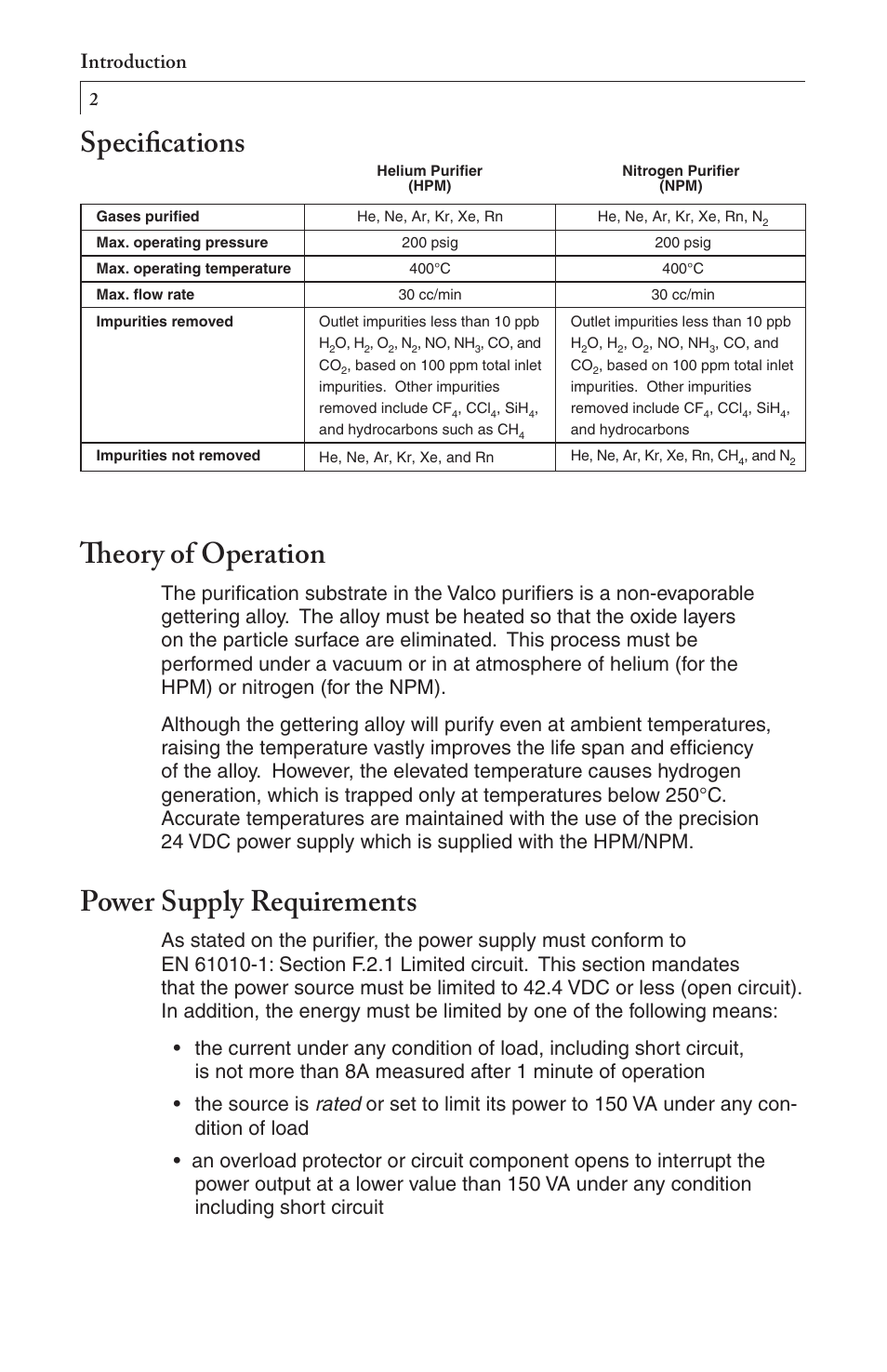 Specifications theory of operation, Power supply requirements, Introduction | VICI NPM User Manual | Page 4 / 8
