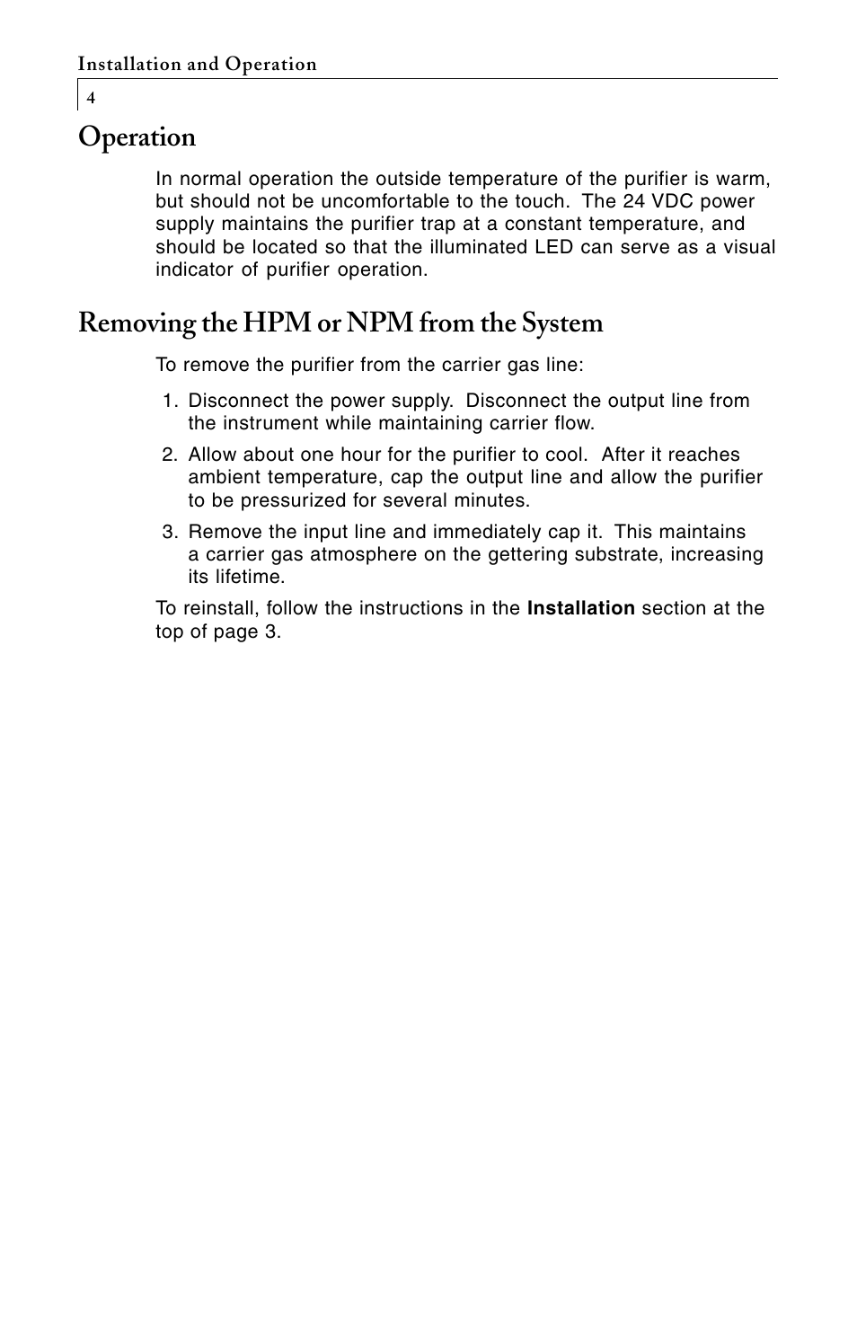 Operation, Removing the hpm or npm from the system | VICI NPM User Manual | Page 6 / 8