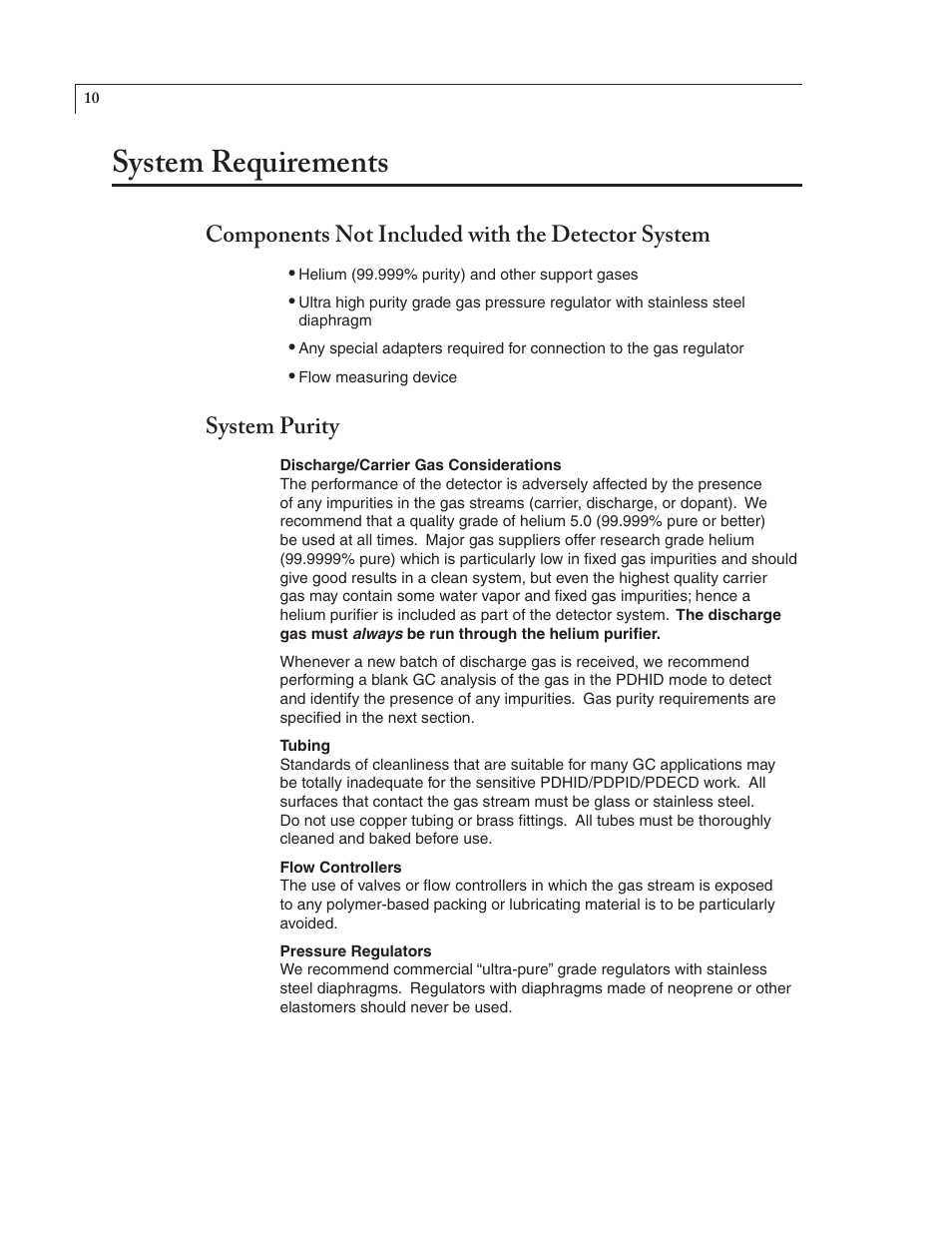 System requirements, Components not included with the detector system, System purity | VICI D-2-I User Manual | Page 14 / 37