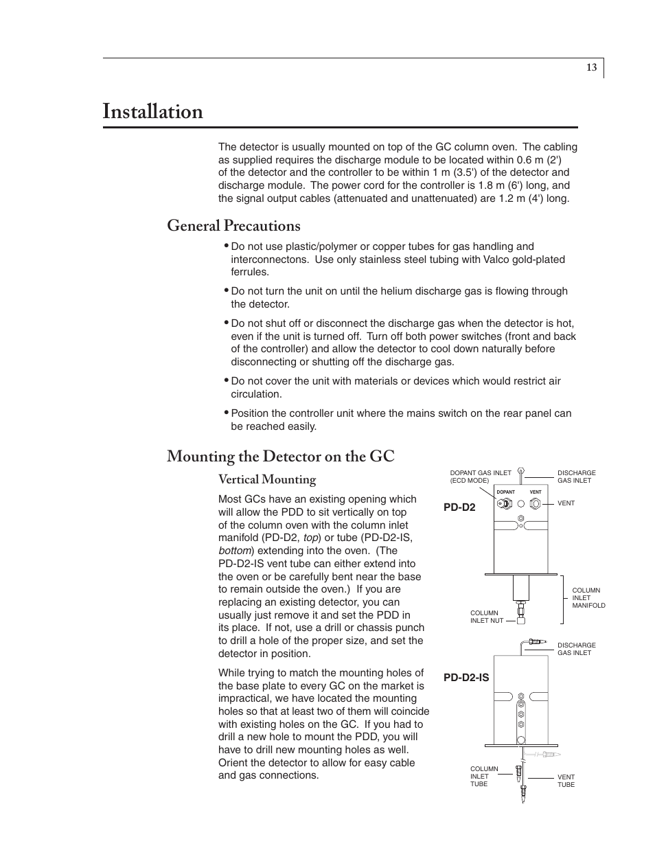 Installation, General precautions, Mounting the detector on the gc | VICI D-2-I User Manual | Page 17 / 37