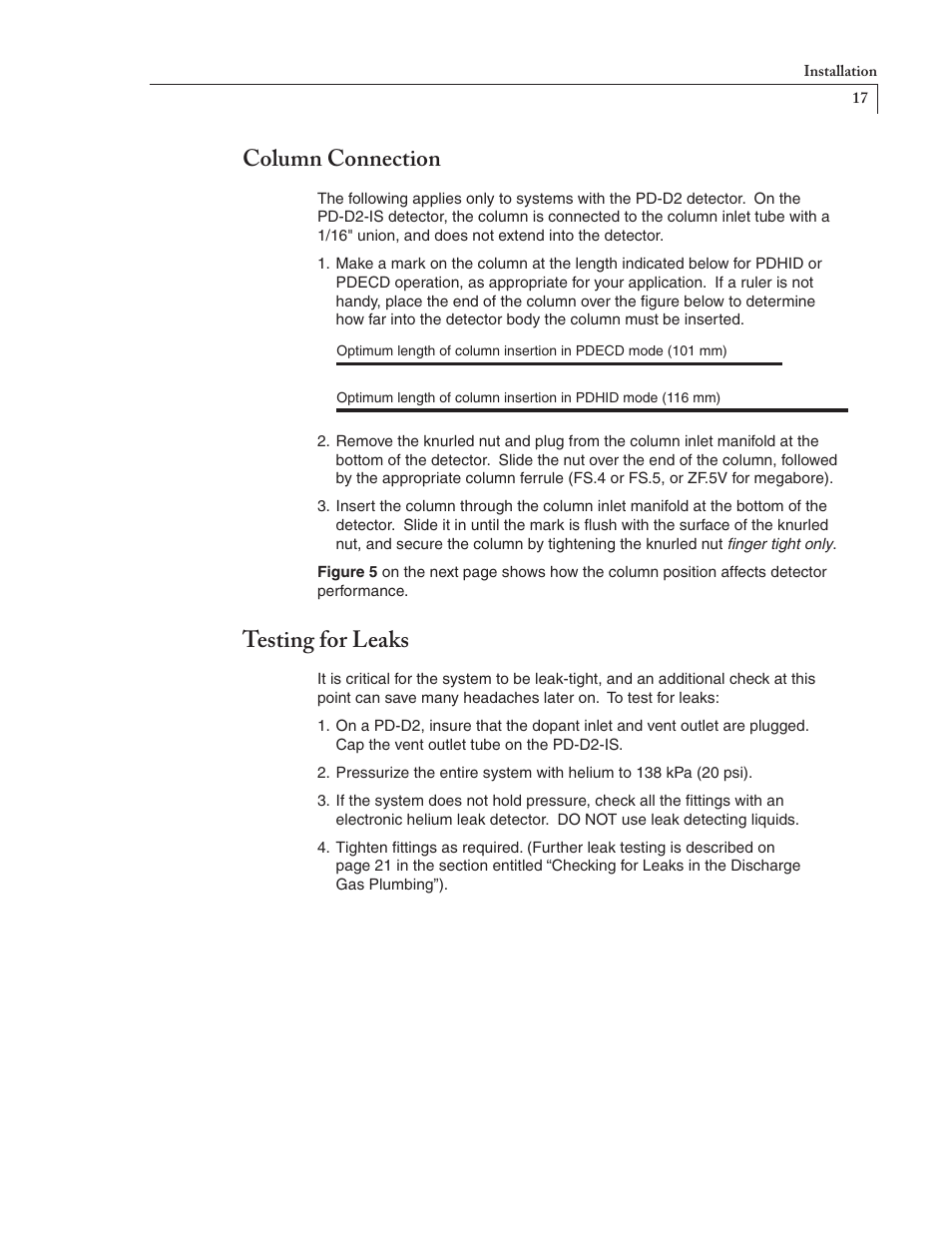 Column connection, Testing for leaks | VICI D-2-I User Manual | Page 21 / 37