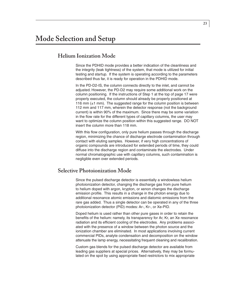 Mode selection and setup, Helium ionization mode, Selective photoionization mode | VICI D-2-I User Manual | Page 27 / 37