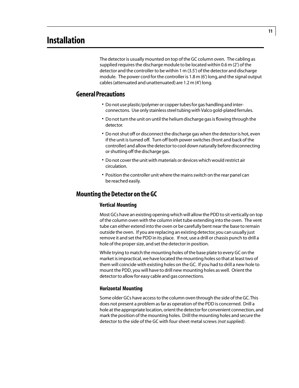 Installation, General precautions, Mounting the detector on the gc | VICI D-2-IM User Manual | Page 15 / 23