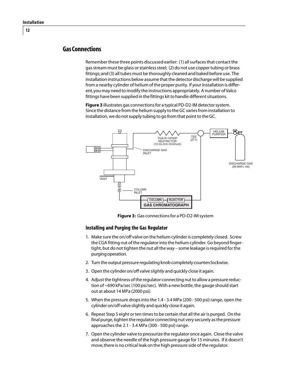 Gas connections, Installing and purging the gas regulator | VICI D-2-IM User Manual | Page 16 / 23