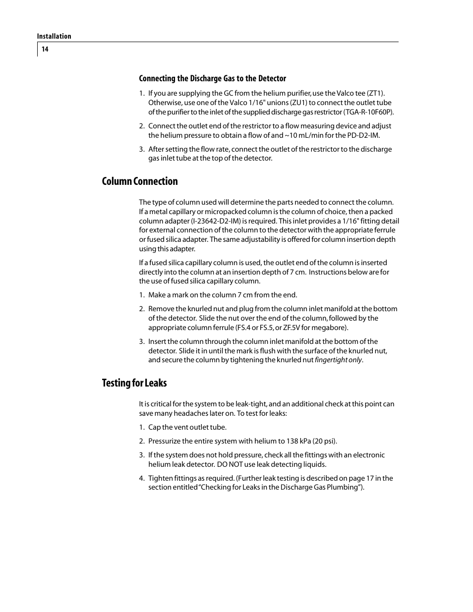 Column connection, Testing for leaks | VICI D-2-IM User Manual | Page 18 / 23