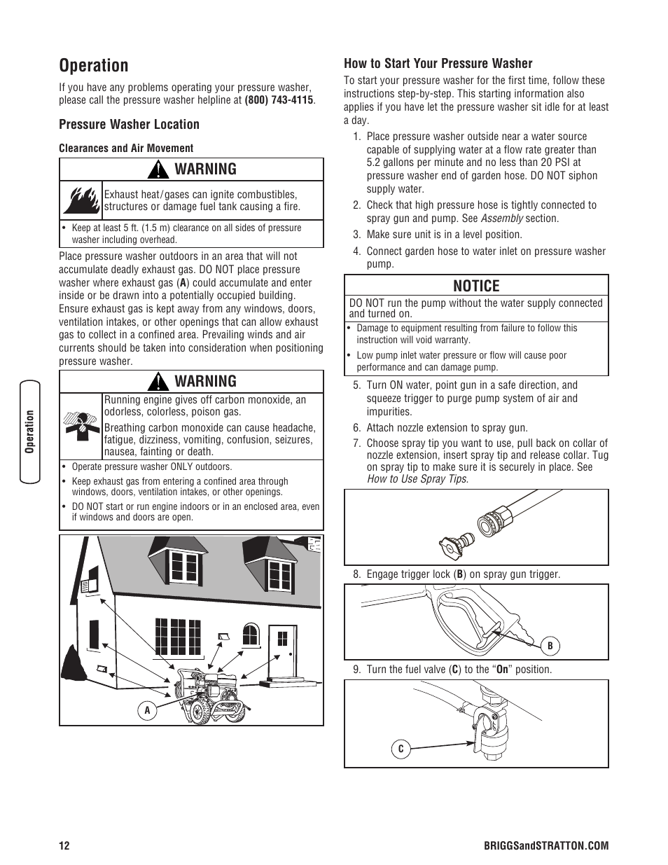 Operation, Notice, Warning | Briggs & Stratton 020330-0 User Manual | Page 12 / 60