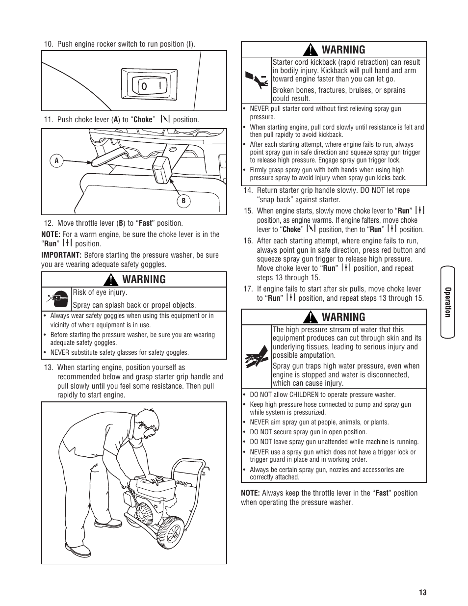 Warning | Briggs & Stratton 020330-0 User Manual | Page 13 / 60