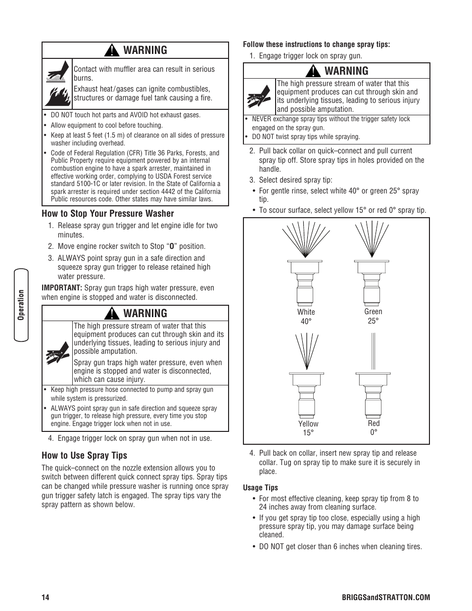 Warning | Briggs & Stratton 020330-0 User Manual | Page 14 / 60