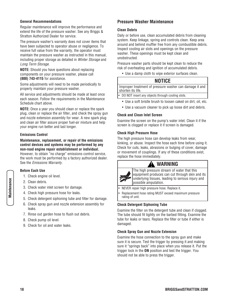 Pressure washer maintenance, Notice, Warning | Briggs & Stratton 020330-0 User Manual | Page 18 / 60