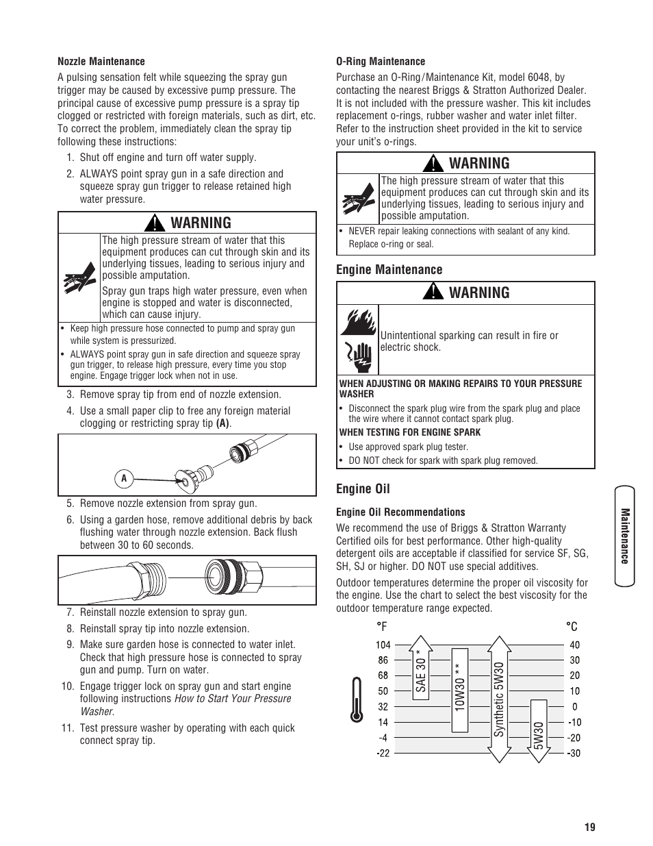 Engine maintenance, Warning | Briggs & Stratton 020330-0 User Manual | Page 19 / 60