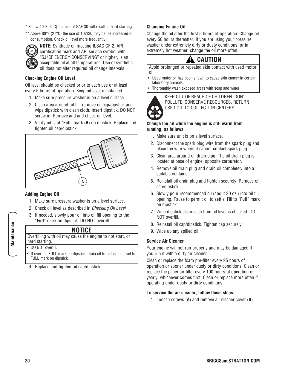 Notice, Caution | Briggs & Stratton 020330-0 User Manual | Page 20 / 60