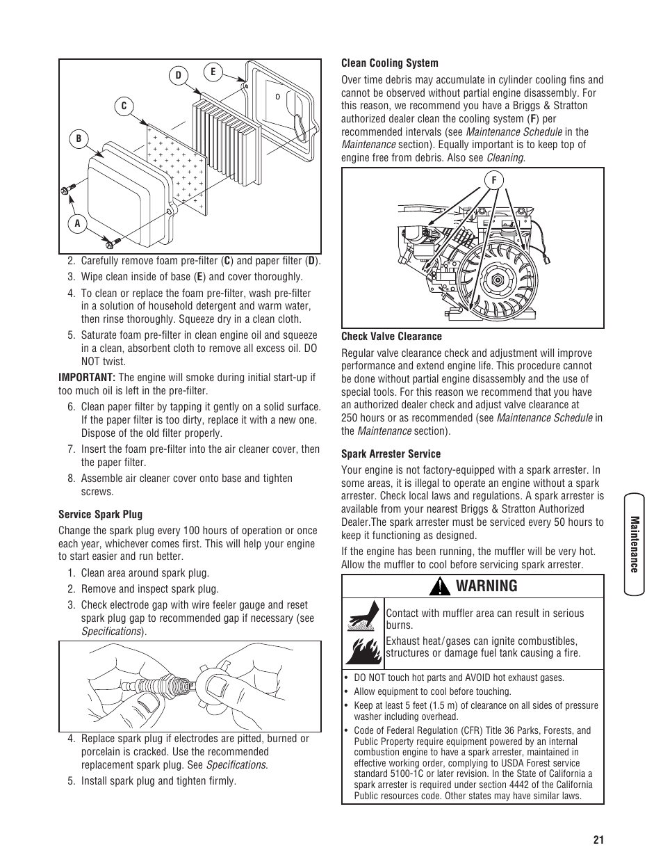 Especificacion, Warning | Briggs & Stratton 020330-0 User Manual | Page 21 / 60