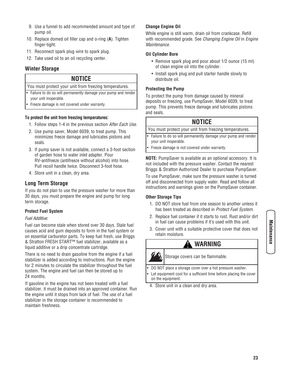Winter storage long term storage, Notice, Warning | Briggs & Stratton 020330-0 User Manual | Page 23 / 60