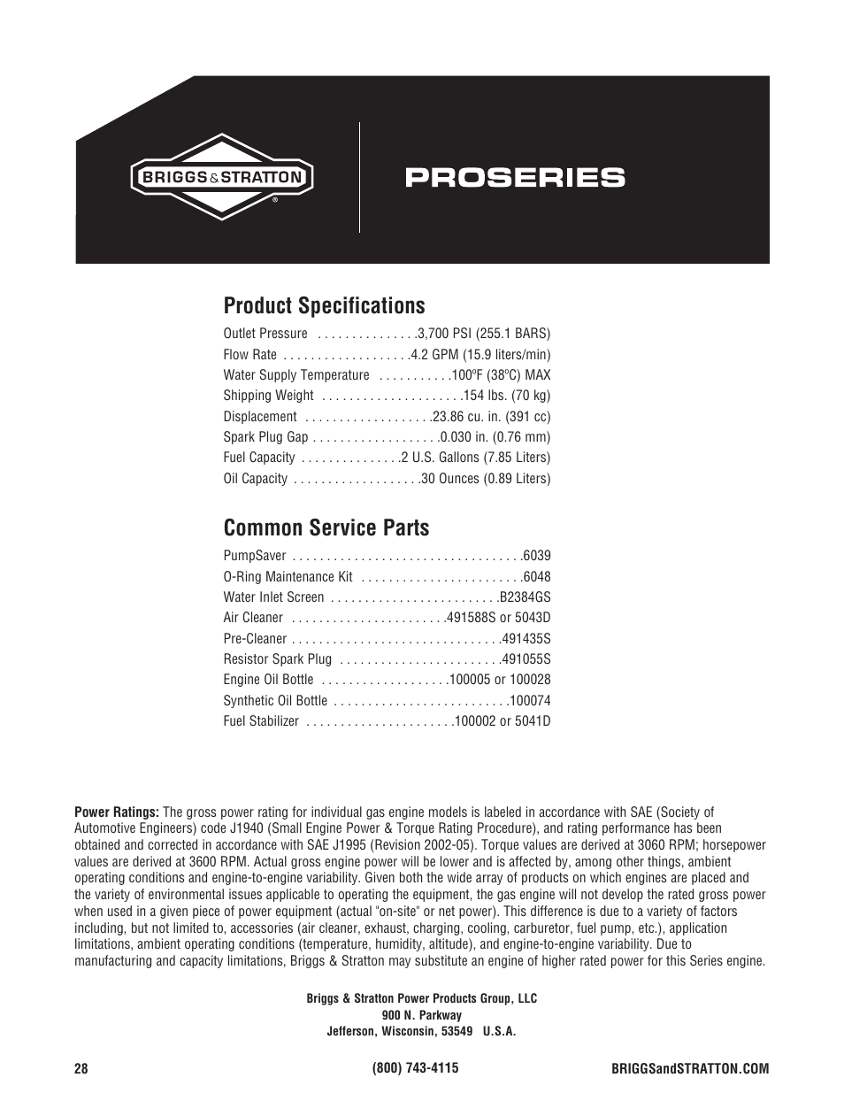 Product specifications, Common service parts | Briggs & Stratton 020330-0 User Manual | Page 28 / 60