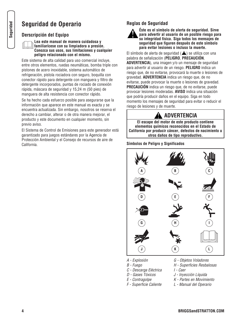 Seguridad de operario, Advertencia | Briggs & Stratton 020330-0 User Manual | Page 32 / 60