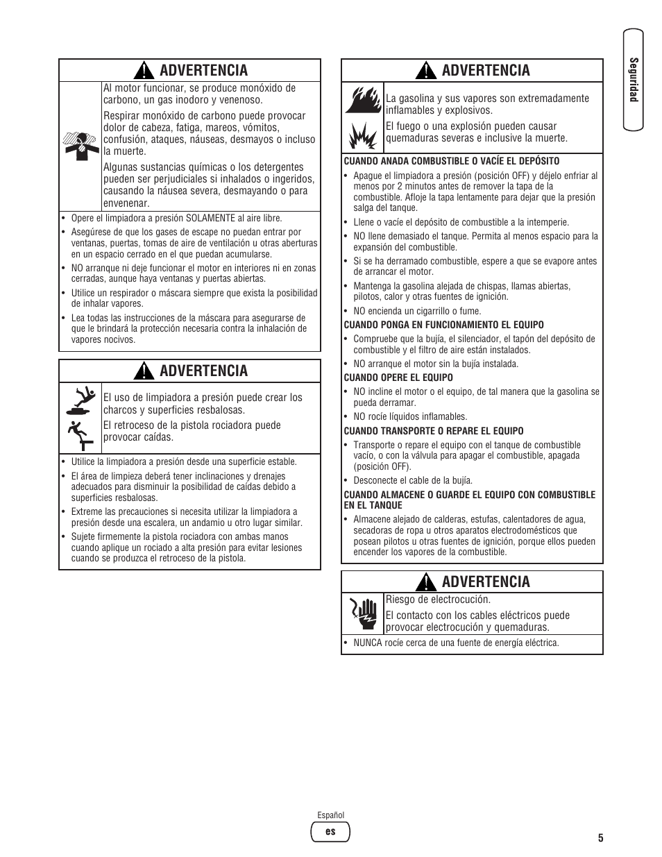 Advertencia | Briggs & Stratton 020330-0 User Manual | Page 33 / 60