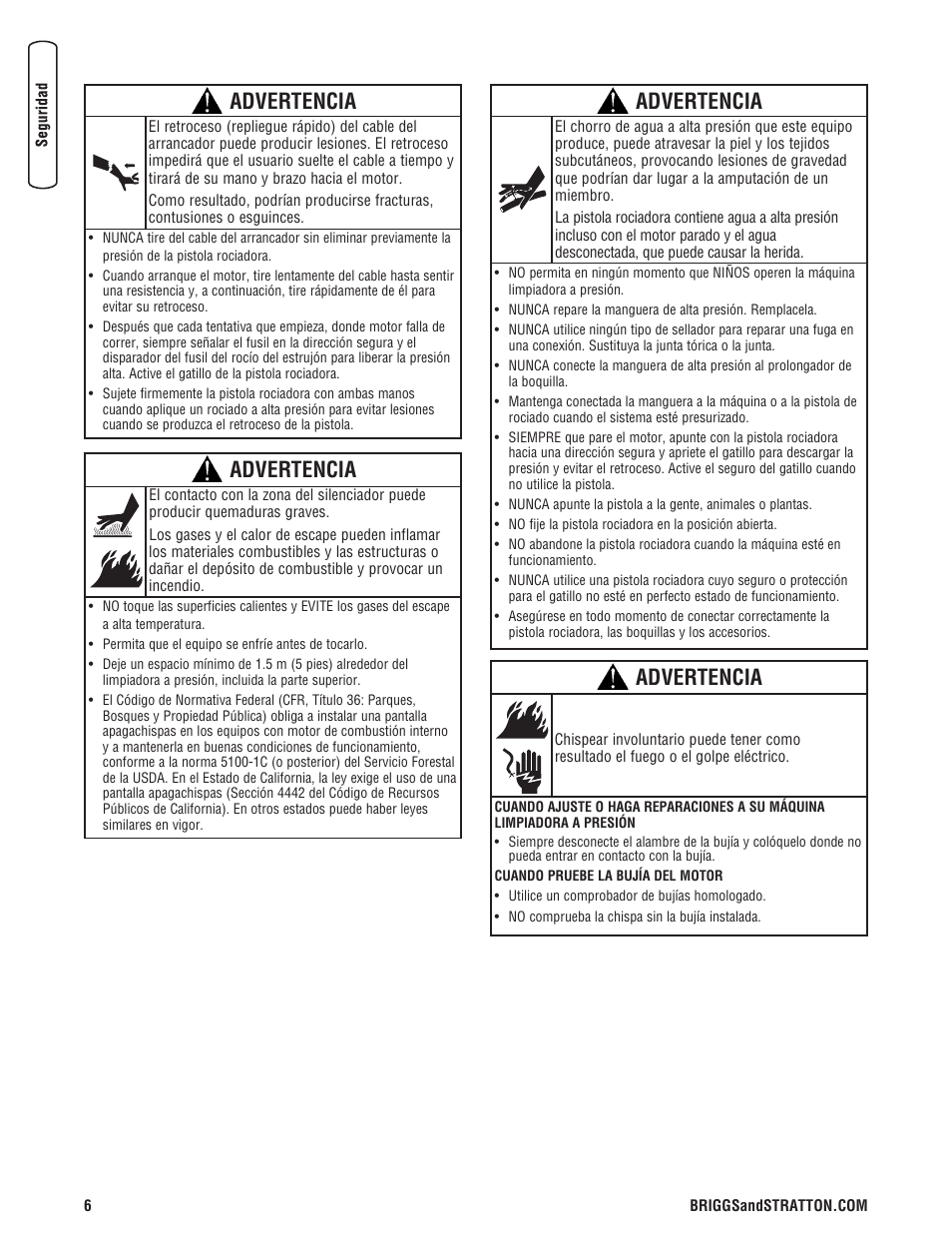 Advertencia | Briggs & Stratton 020330-0 User Manual | Page 34 / 60