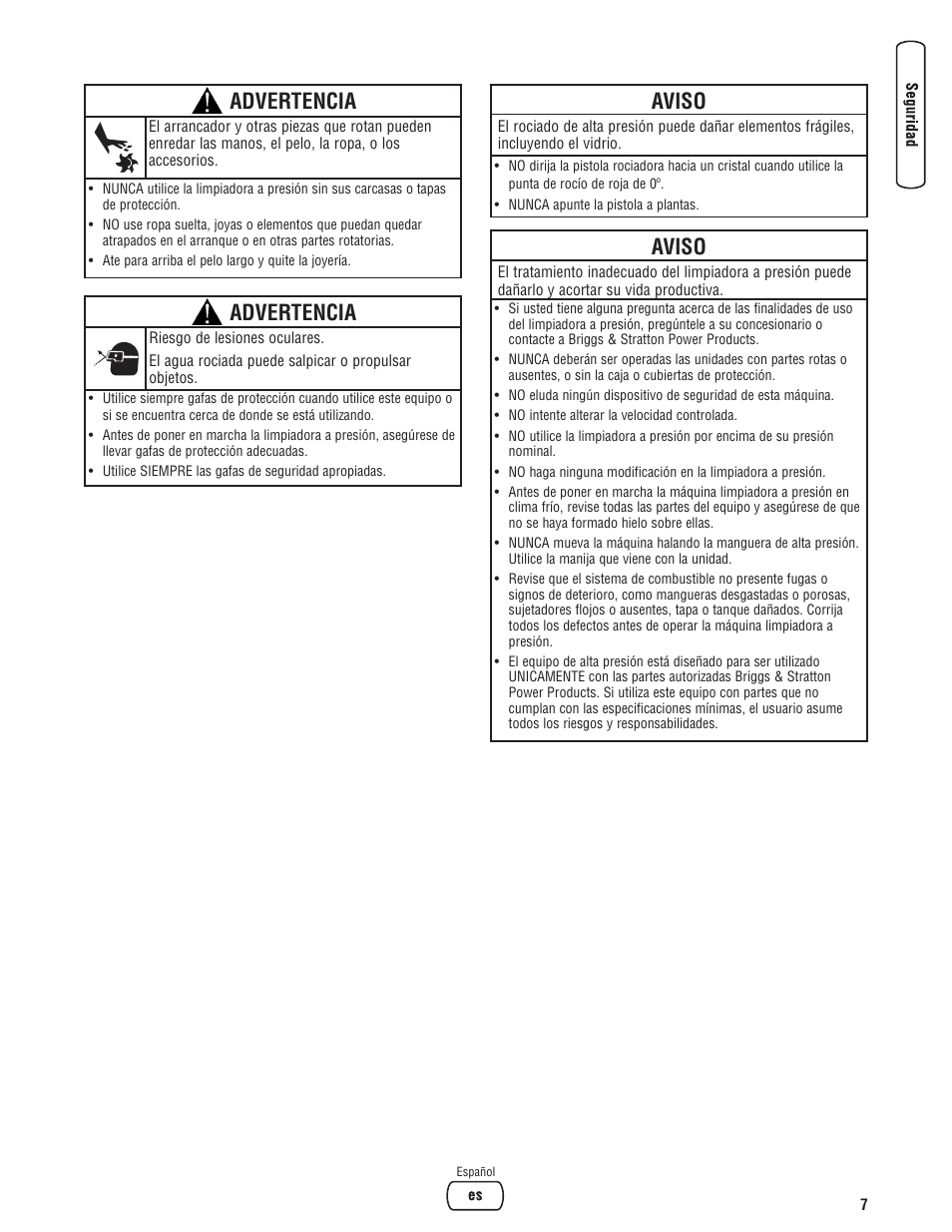 Aviso, Advertencia | Briggs & Stratton 020330-0 User Manual | Page 35 / 60