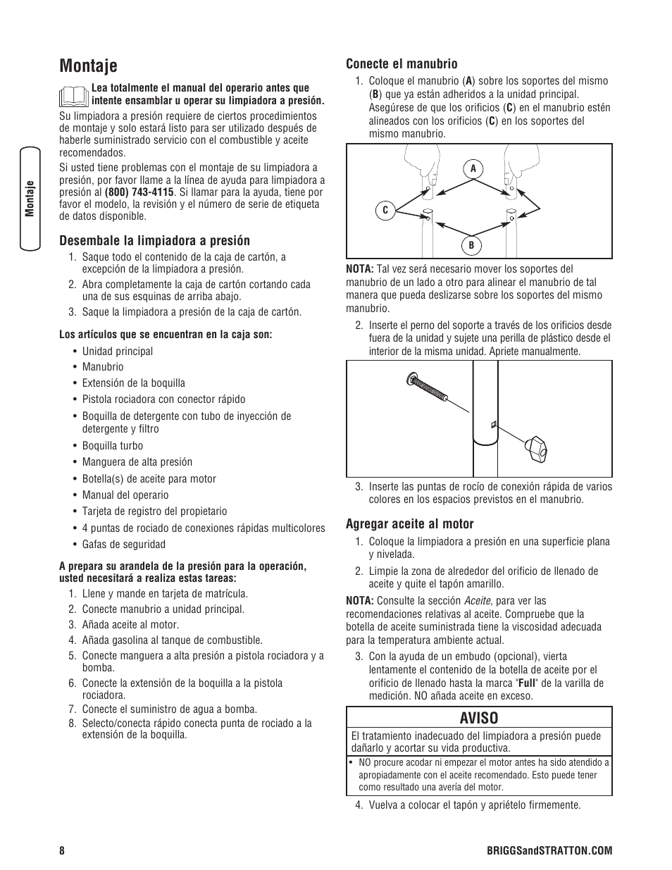 Montaje, Aviso | Briggs & Stratton 020330-0 User Manual | Page 36 / 60