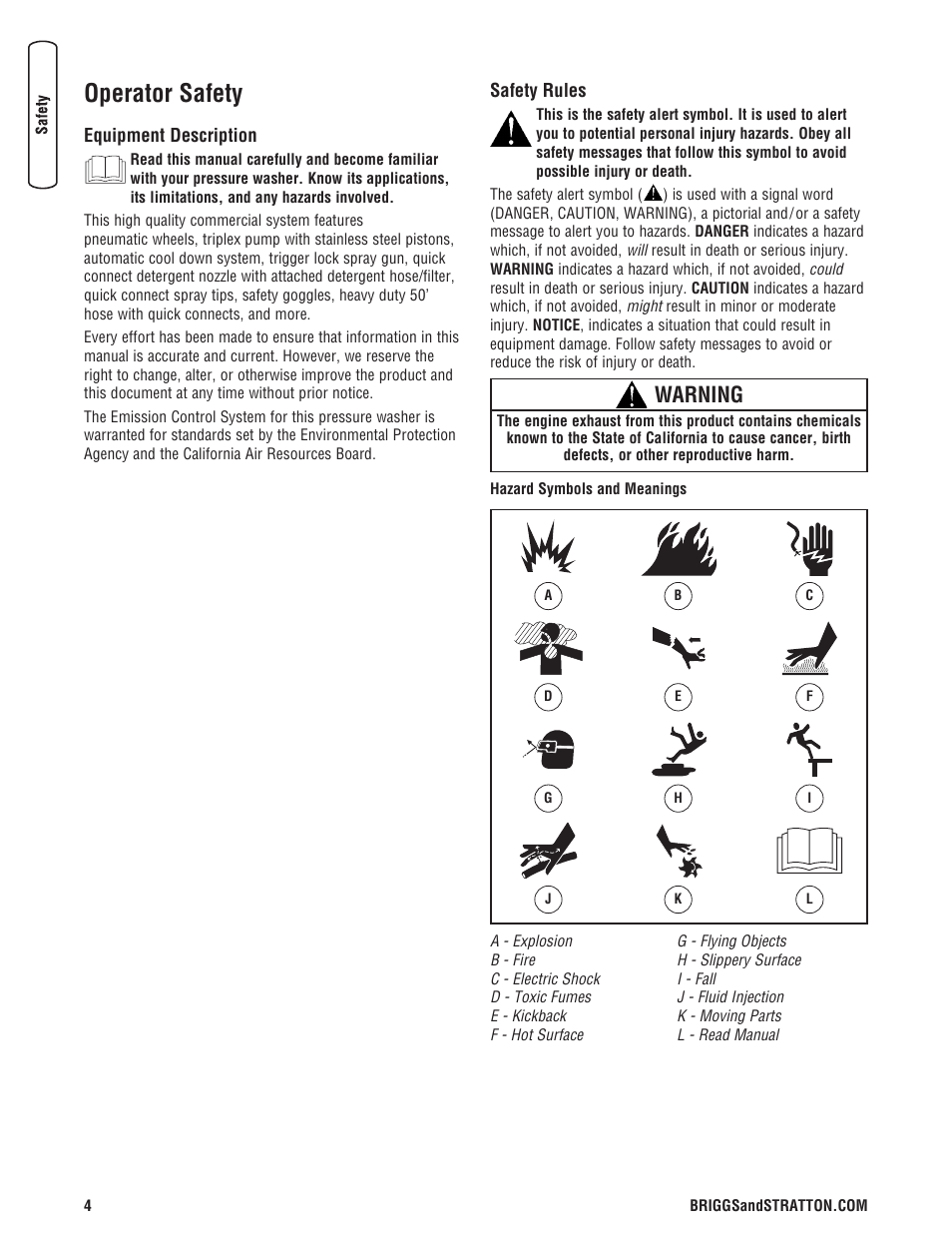 Operator safety, Equipment description safety rules, Warning | Briggs & Stratton 020330-0 User Manual | Page 4 / 60