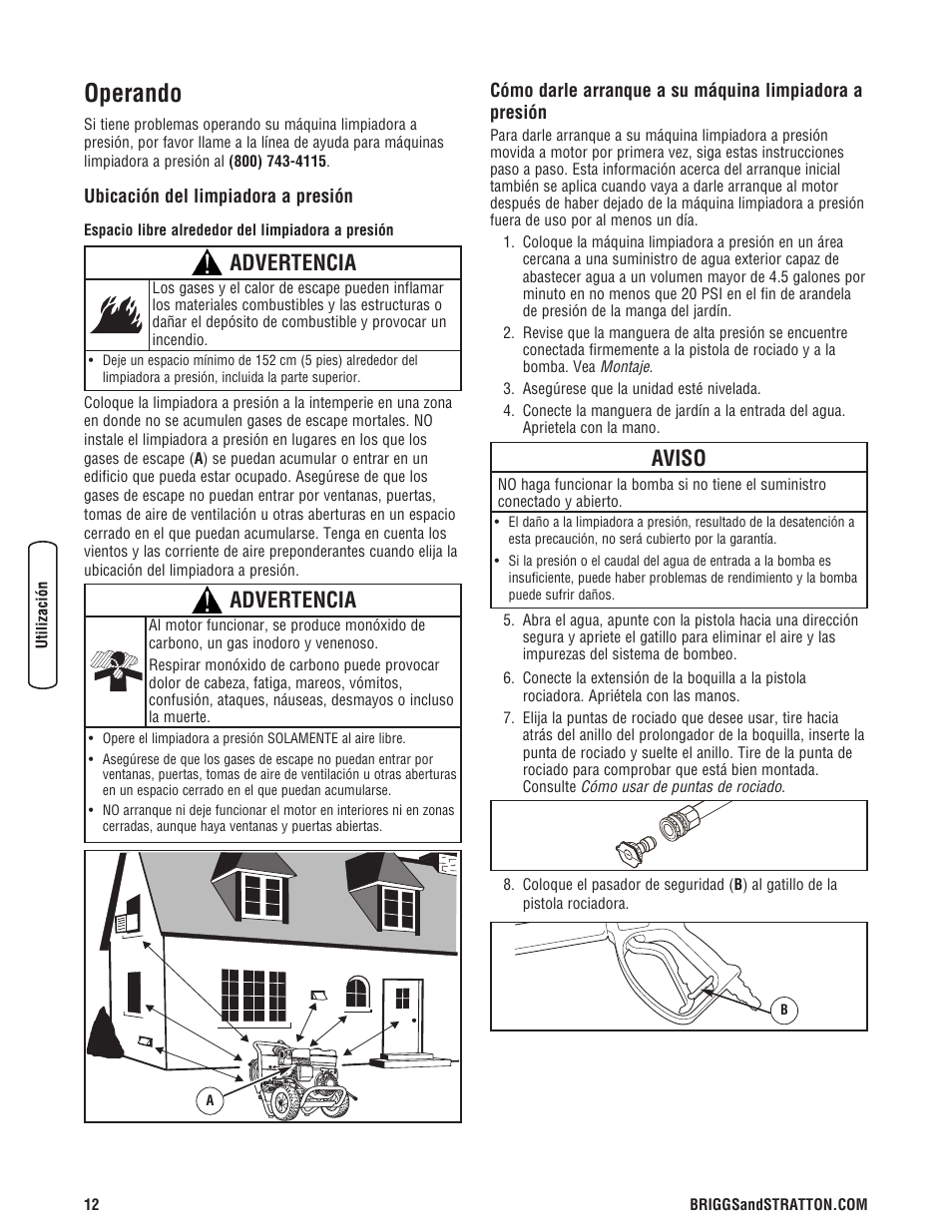 Operando, Advertencia, Aviso | Briggs & Stratton 020330-0 User Manual | Page 40 / 60