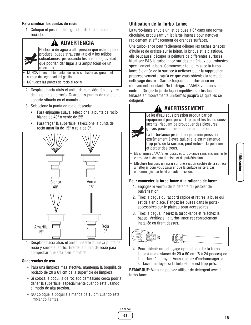 Advertencia, Avertissement | Briggs & Stratton 020330-0 User Manual | Page 43 / 60