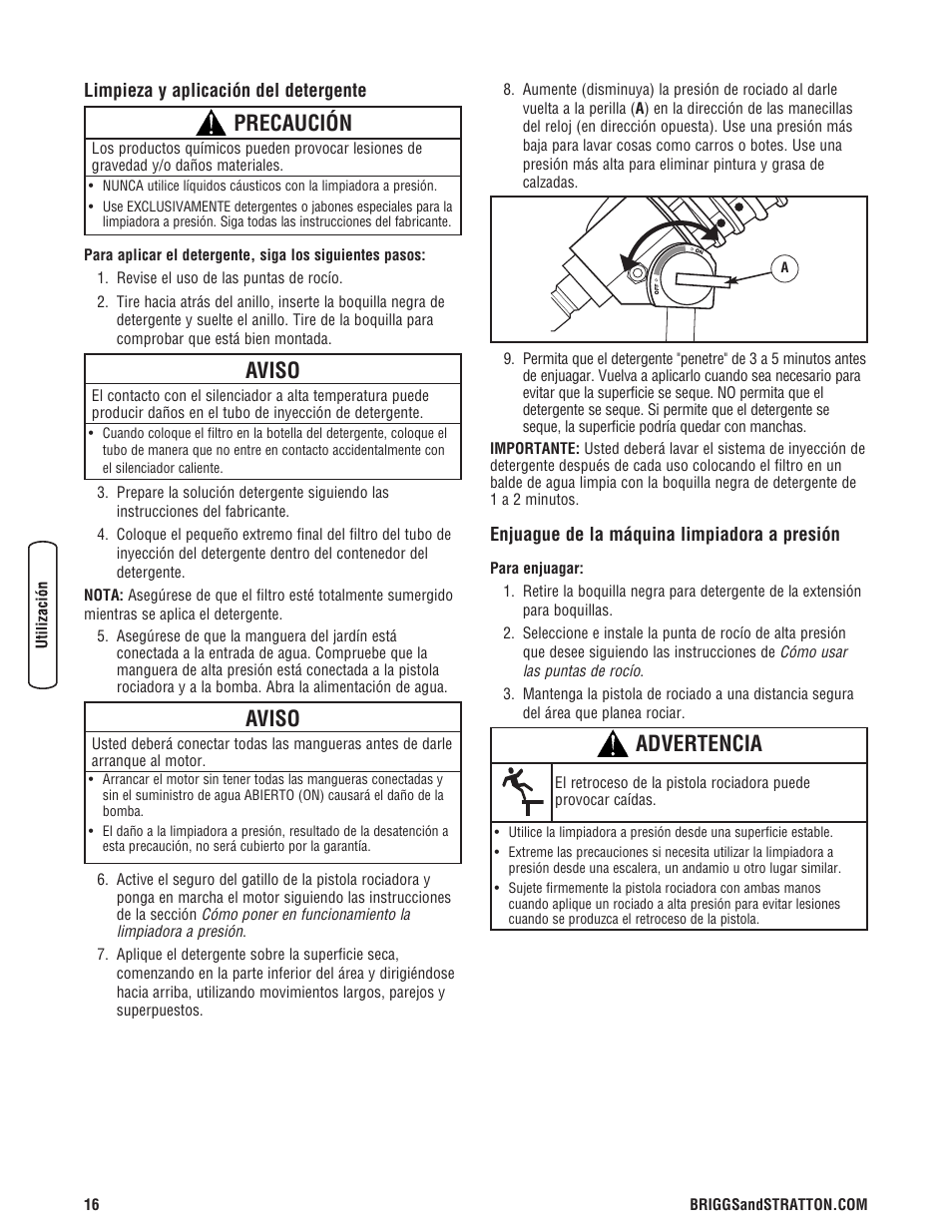Advertencia, Aviso, Precaución | Briggs & Stratton 020330-0 User Manual | Page 44 / 60