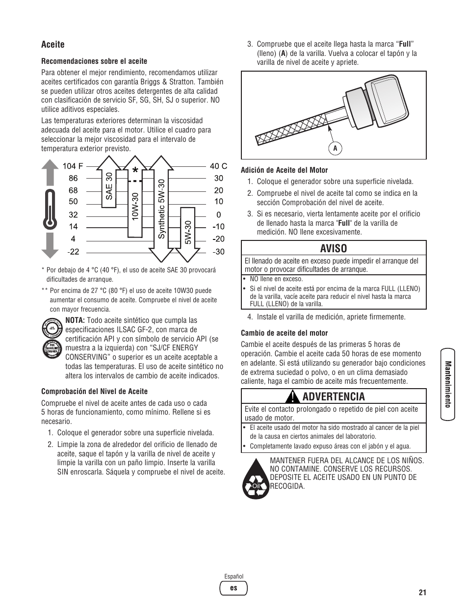 Aviso, Advertencia | Briggs & Stratton 020330-0 User Manual | Page 49 / 60
