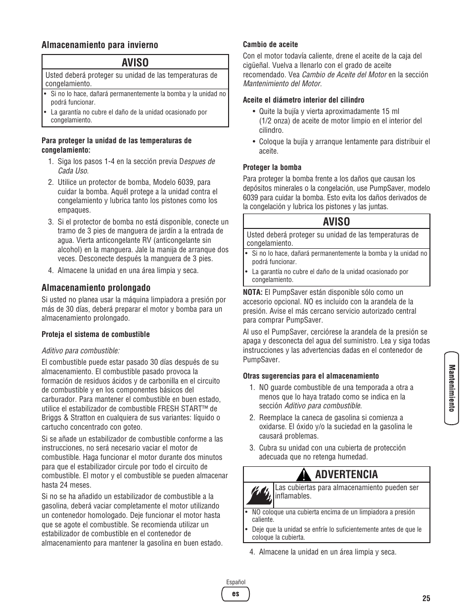 Aviso, Advertencia | Briggs & Stratton 020330-0 User Manual | Page 53 / 60
