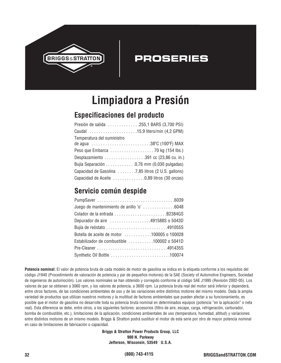 Limpiadora a presión, Especificaciones del producto, Servicio común despide | Briggs & Stratton 020330-0 User Manual | Page 60 / 60