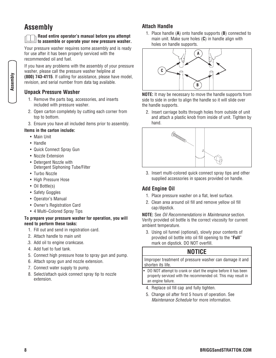 Assembly, Notice | Briggs & Stratton 020330-0 User Manual | Page 8 / 60