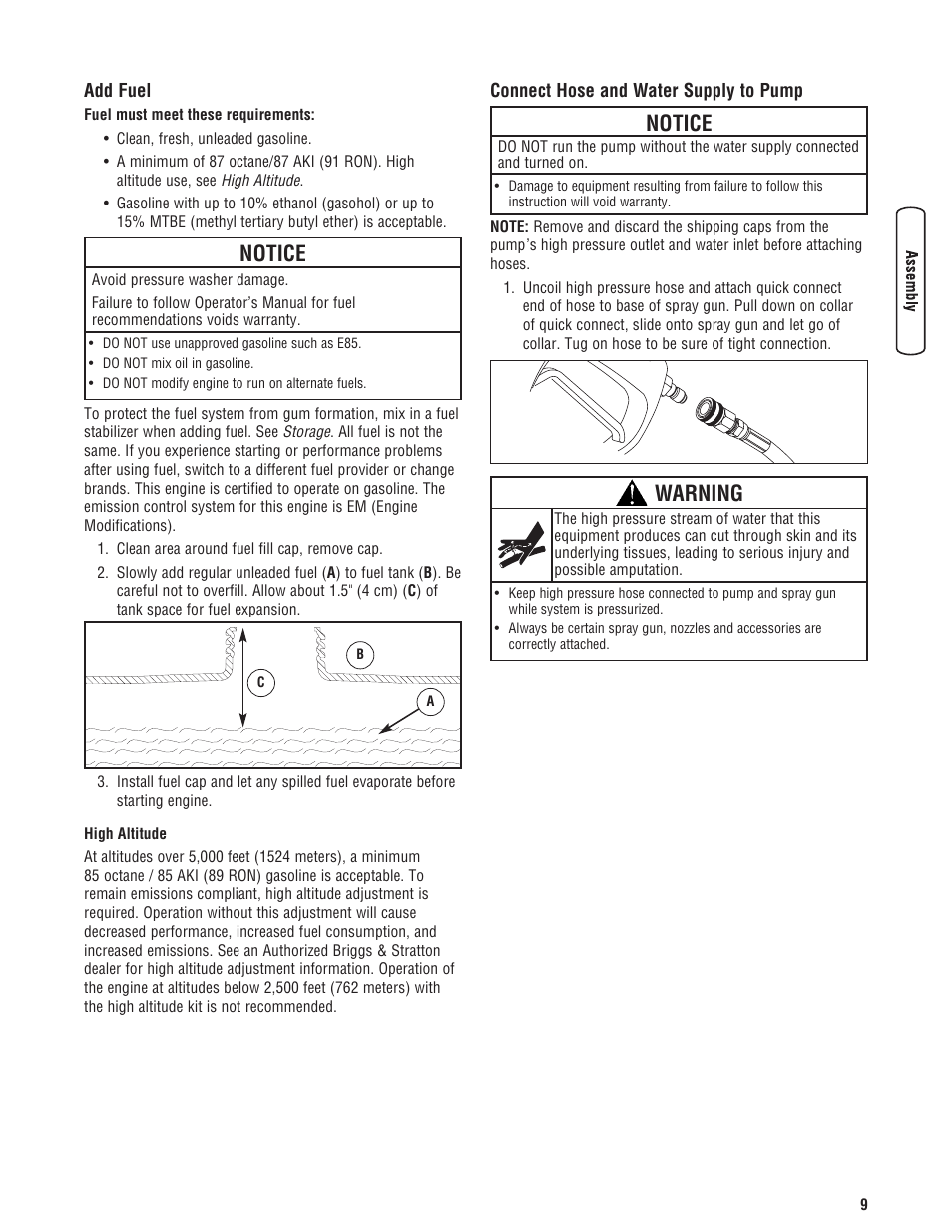 Add fuel connect hose and water supply to pump, Notice, Warning | Briggs & Stratton 020330-0 User Manual | Page 9 / 60