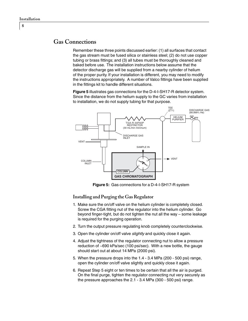 Gas connections, Installing and purging the gas regulator | VICI D-4-I-SH17-R User Manual | Page 12 / 25