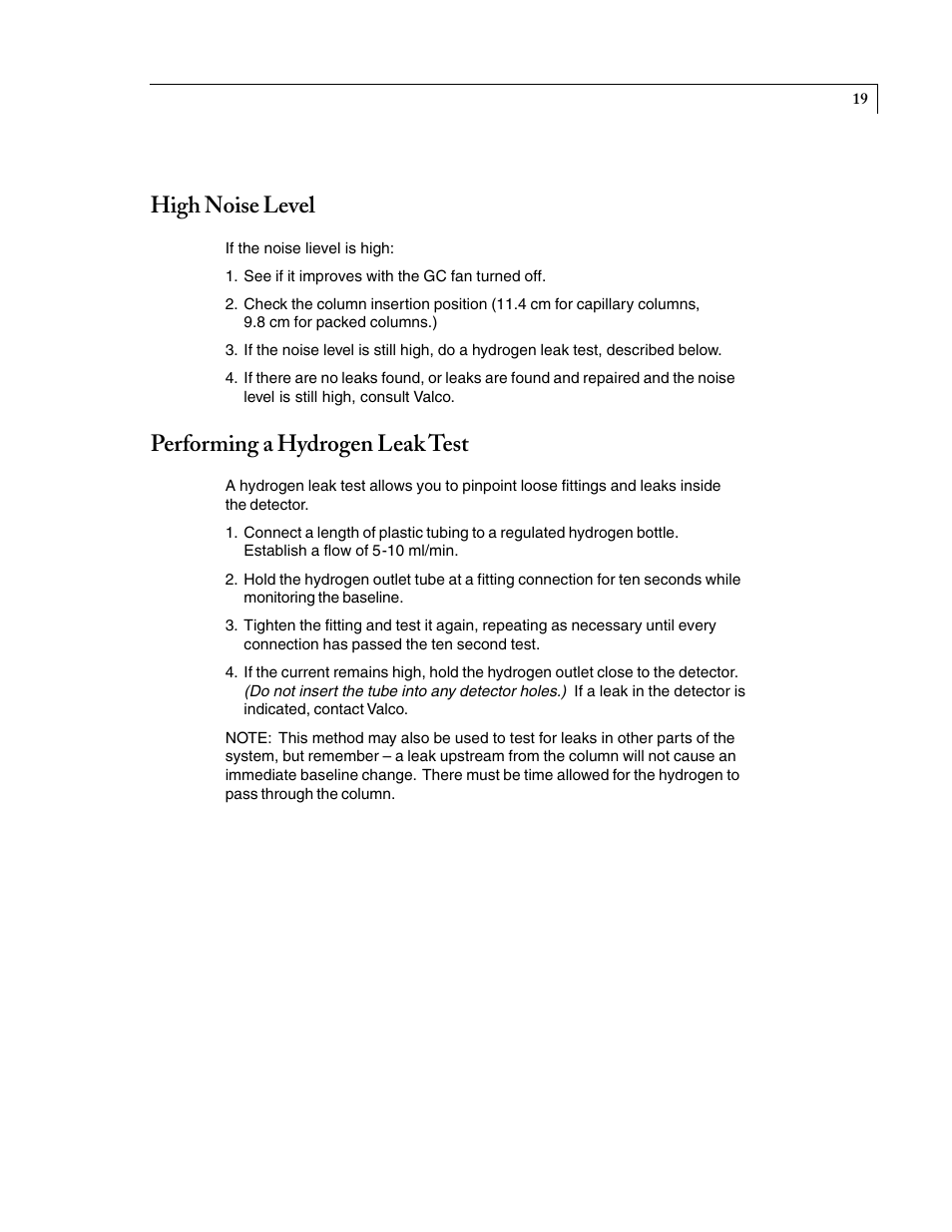 High noise level, Performing a hydrogen leak test | VICI D-4-I-SH17-R User Manual | Page 23 / 25