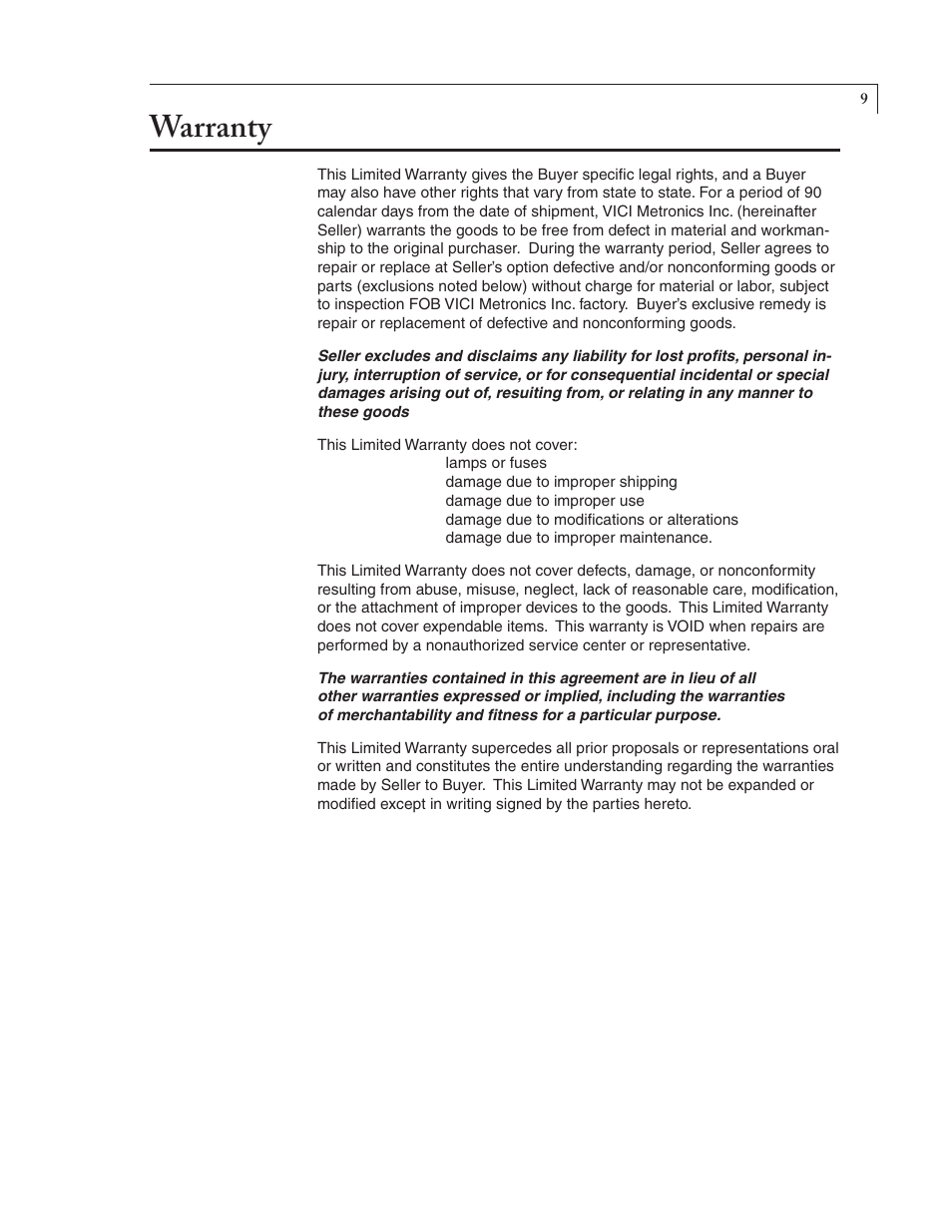 Warranty | VICI 120 Dynacalibrator User Manual | Page 11 / 11