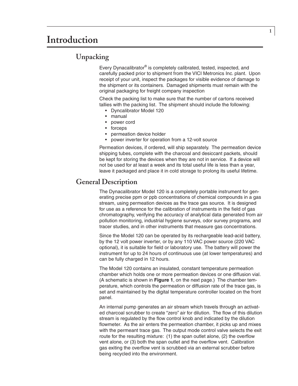 Introduction, Unpacking, General description | VICI 120 Dynacalibrator User Manual | Page 3 / 11