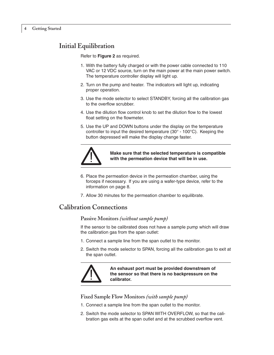 Initial equilibration, Calibration connections | VICI 120 Dynacalibrator User Manual | Page 6 / 11