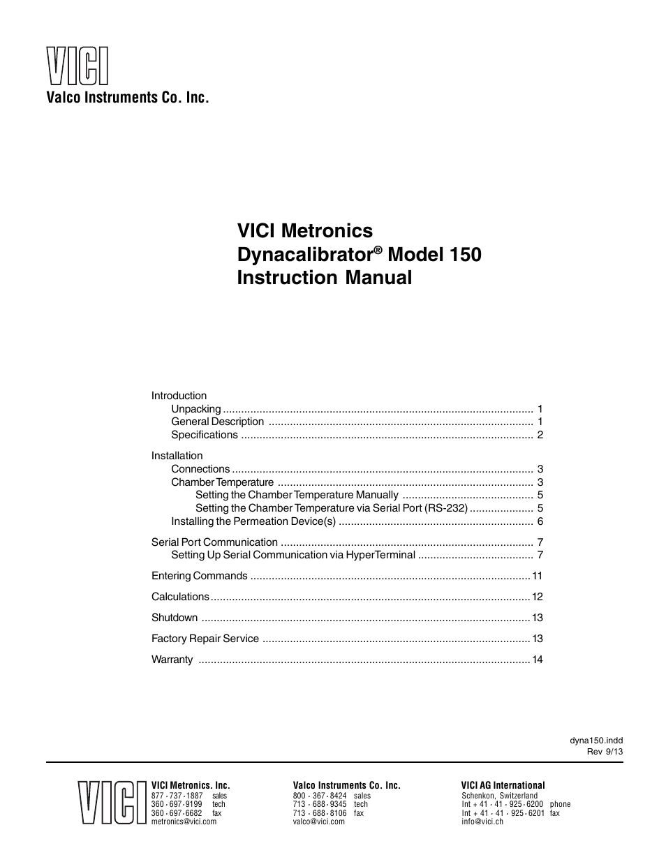 VICI 150 Dynacalibrator User Manual | 16 pages