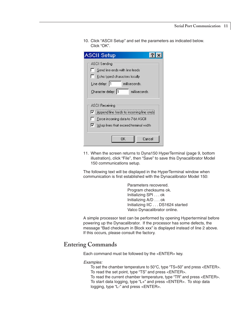 Entering commands | VICI 150 Dynacalibrator User Manual | Page 13 / 16
