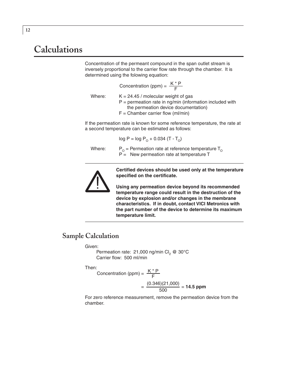 Calculations, Sample calculation | VICI 150 Dynacalibrator User Manual | Page 14 / 16