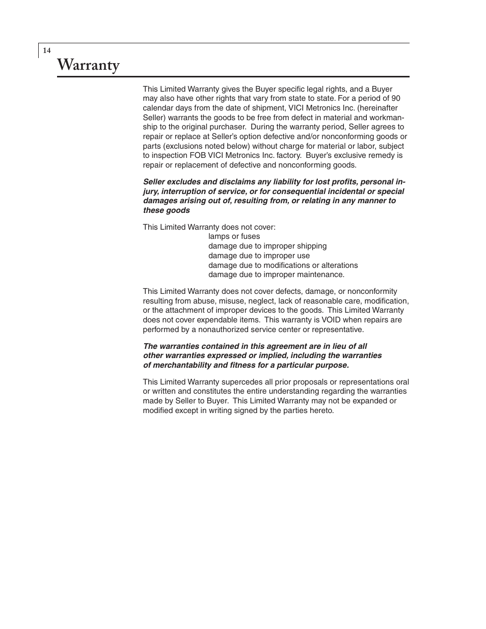 Warranty | VICI 150 Dynacalibrator User Manual | Page 16 / 16