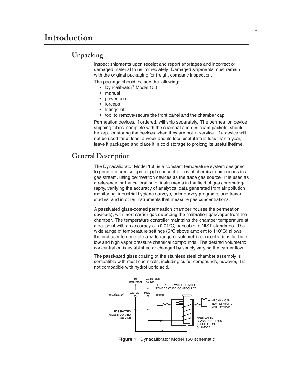 Introduction, Unpacking, General description | VICI 150 Dynacalibrator User Manual | Page 3 / 16