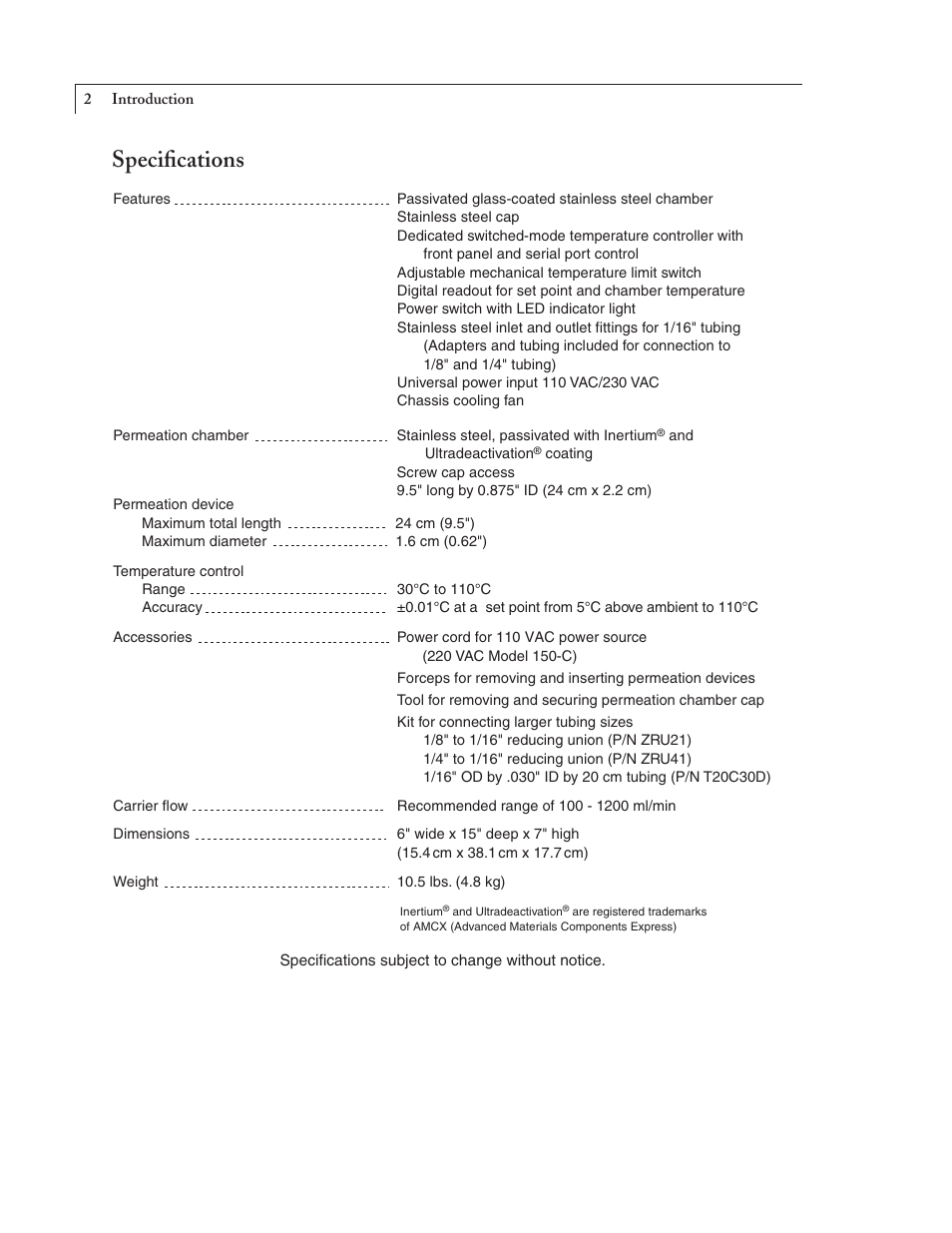 Specifications | VICI 150 Dynacalibrator User Manual | Page 4 / 16