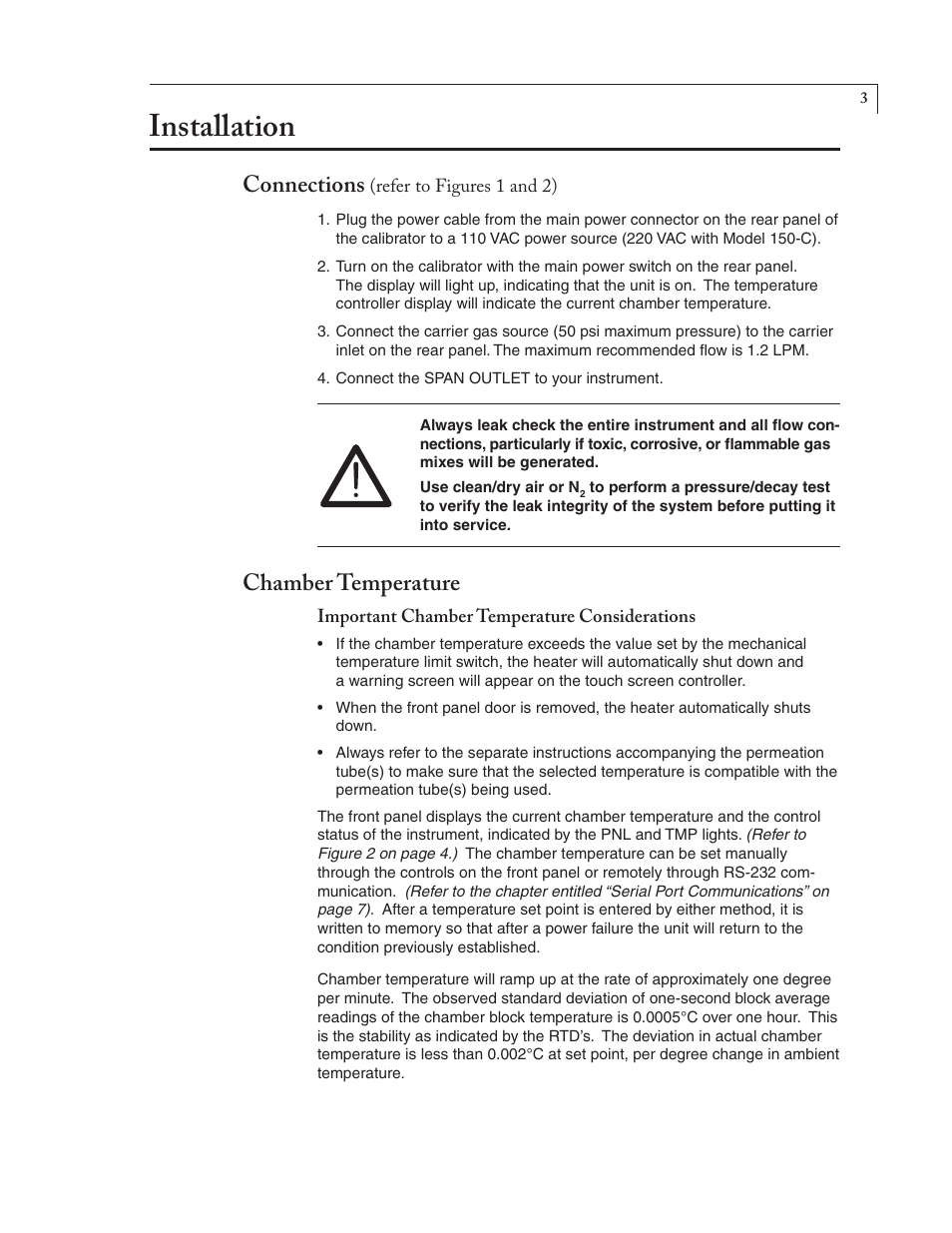Installation, Connections, Chamber temperature | VICI 150 Dynacalibrator User Manual | Page 5 / 16
