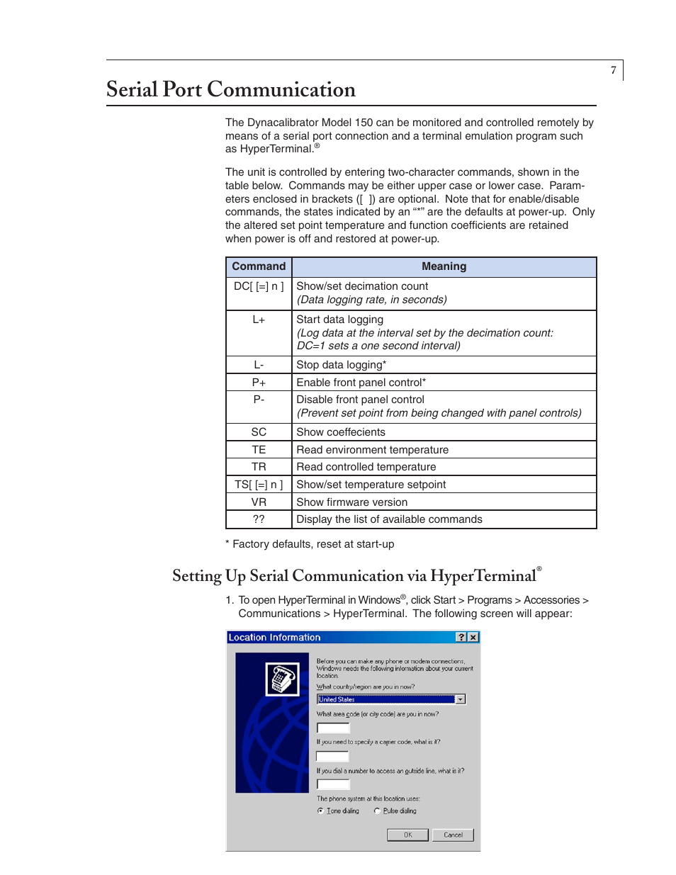 Serial port communication, Setting up serial communication via hyperterminal | VICI 150 Dynacalibrator User Manual | Page 9 / 16