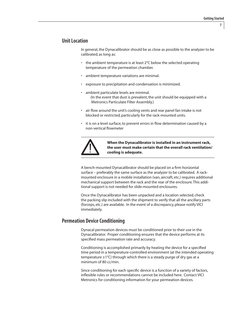 Unit location, Permeation device conditioning | VICI 230 Dynacalibrator User Manual | Page 11 / 42