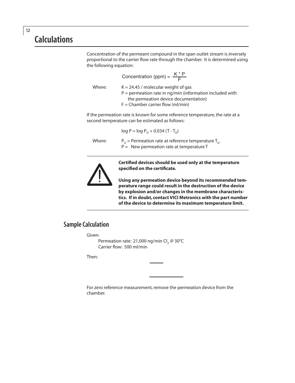 Calculations, Sample calculation | VICI 230 Dynacalibrator User Manual | Page 16 / 42