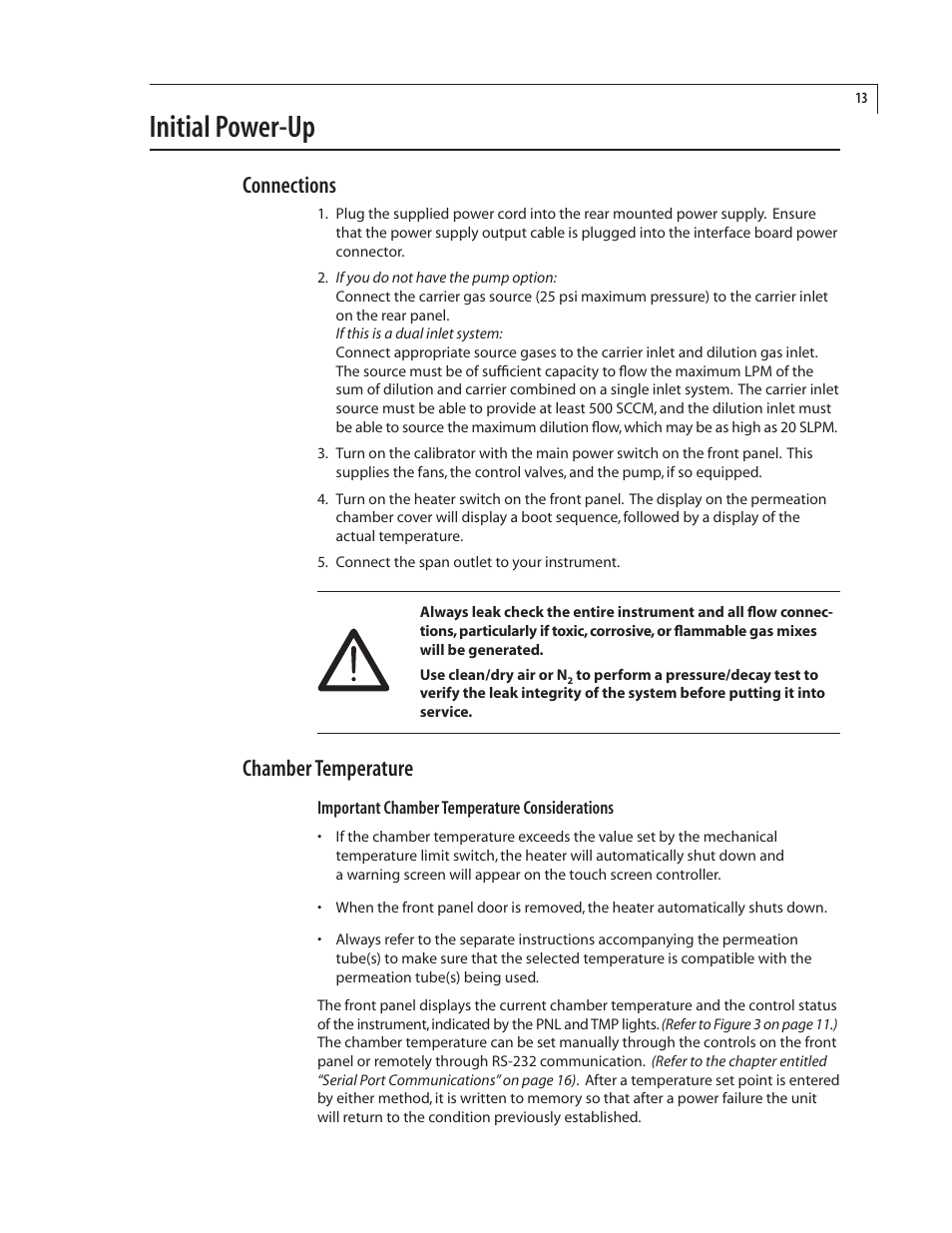 Initial power-up, Connections, Chamber temperature | VICI 230 Dynacalibrator User Manual | Page 17 / 42